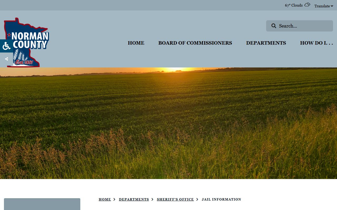 Norman County jail information page explaining the 72-hour holding facility and Tri-County Community Corrections link