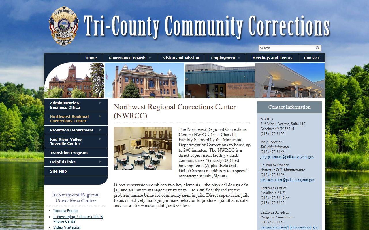 Northwest Regional Corrections Center overview page with facility capacity and contact information