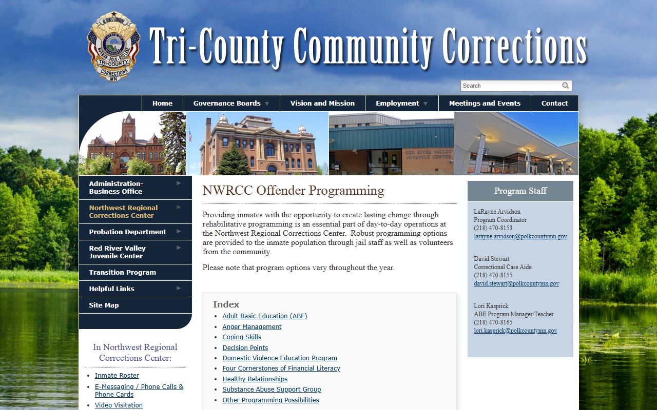 NWRCC offender programming page listing education, GED, Decision Points, and substance-abuse support